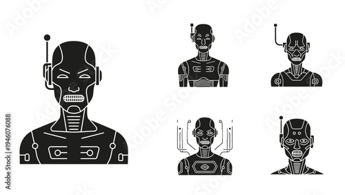 collection of futuristic robot head icons and busts in black and white vector graphics