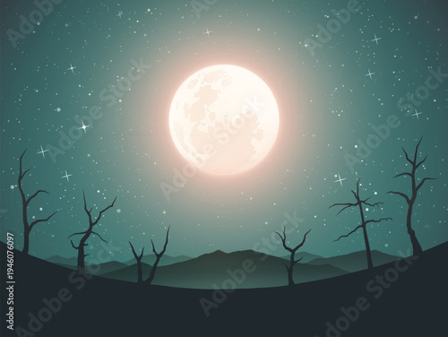 Landscape with mountain range and bare trees. Full moon in starry sky