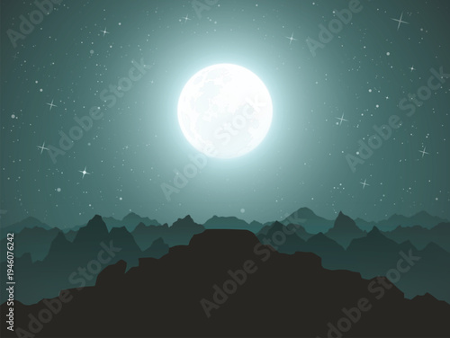 Landscape with rocky mountains on moonlight night. Moon in starry sky