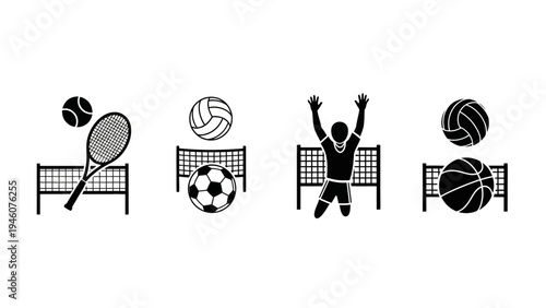 Collection of iconic sports equipment and action silhouettes on a white background
