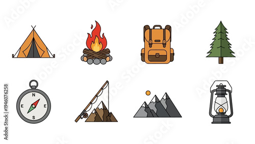 Collection of illustrated outdoor adventure and camping icons on a white background