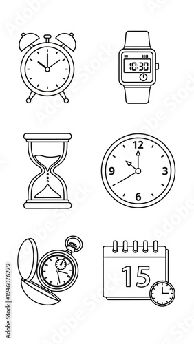 Collection of timekeeping devices including alarm clock wristwatch hourglass pocket watch and