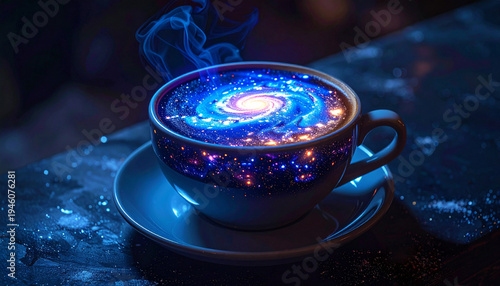 Cup of cappuccino with galaxy-style latte art glowing in dark.