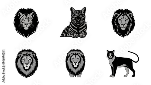 Collection of majestic feline animal head and full body illustrations in a modern graphic style