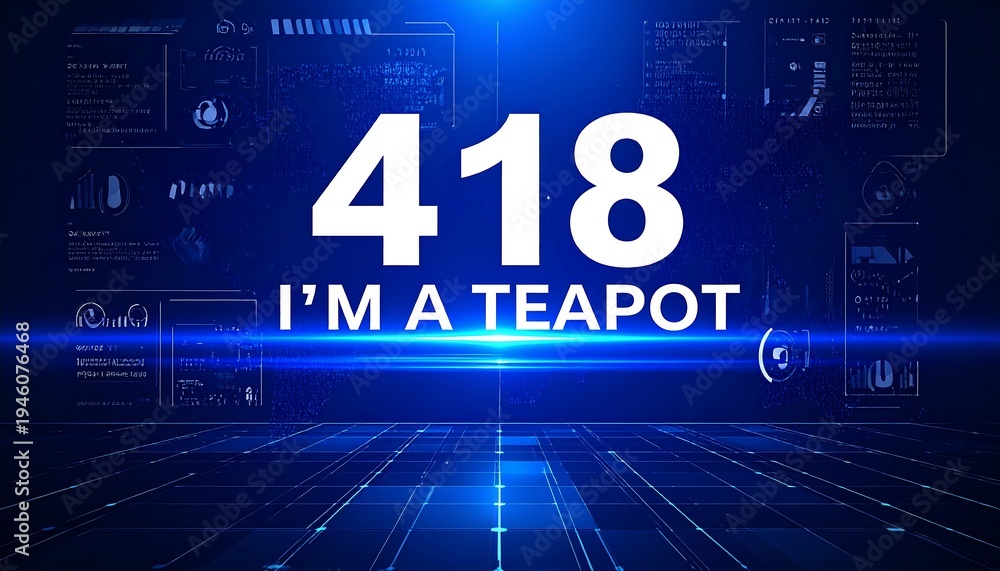 Fototapeta premium Futuristic blue cybersecurity dashboard displaying HTTP status code 418 Im a teapot protocol alert