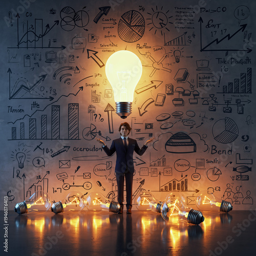 Businessman stands with arms raised in front of a wall filled with charts and diagrams while a large light bulb shines above