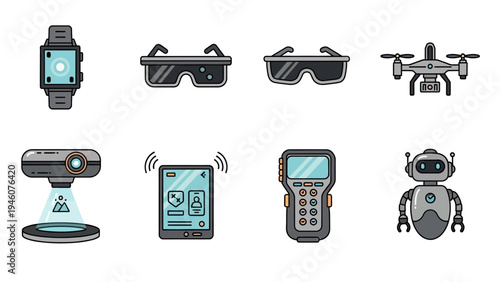 Collection of modern technology icons including a smartwatch, AR glasses, drone, and robot