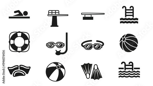 Collection of monochrome swimming and water sports icons on a white background