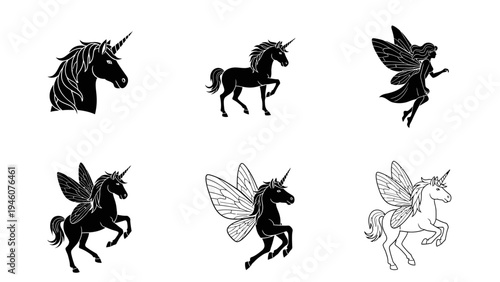 Collection of mystical unicorn and fairy silhouettes for fantasy designs