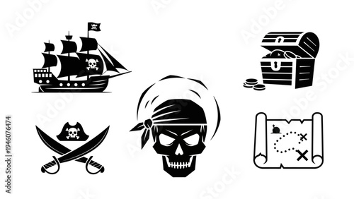 Collection of Pirate Icons Including Ship Skull Chest Map and Swords Minimalist Style