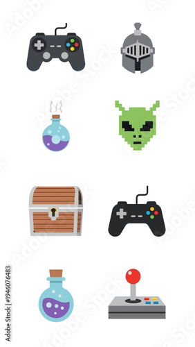 Collection of Video Game Icons Including Controllers Potions Chests and Helmets