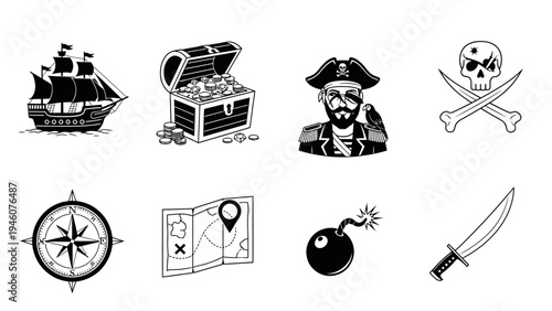 Collection of pirate-themed icons including a ship treasure chest pirate captain skull compass map