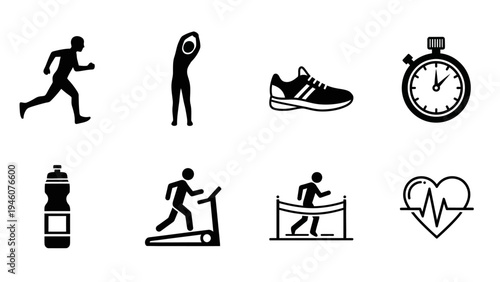 Collection of Simple Black and White Icons Representing Fitness Activities and Health