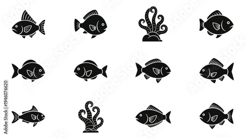 Collection of simple black fish and sea creature icons on a white background