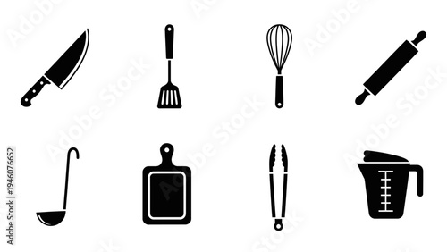 Collection of simple black kitchen utensil icons arranged in a grid on a white background