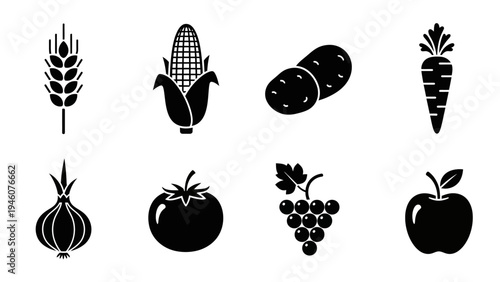 Collection of simple black silhouette icons representing various fruits and vegetables on a white