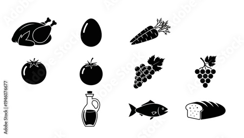 Collection of simple food icons representing various grocery items and ingredients