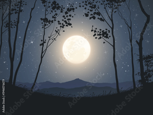 Mountains on moonlight night. Thin tree silhouettes. Moon and stars