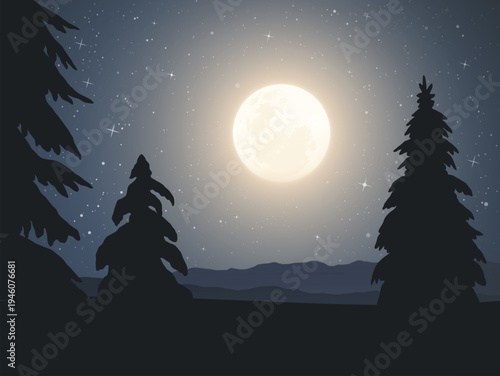 Landscape with snowy trees on hill. Mountain at starry moonlight night