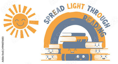 Vector illustration of books and rainbow with 'Spread Light Through Reading' text