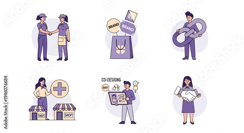 Six illustrations depicting business concepts handshakes branding links shops codesign and agreement