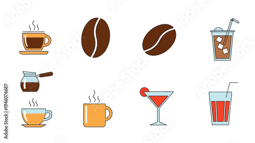 Collection of Simple Flat Icons Representing Coffee Drinks and Coffee Beans