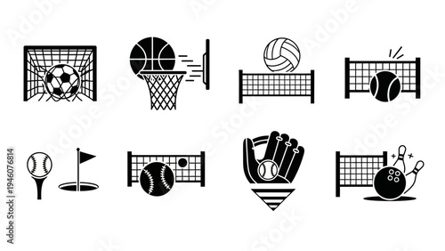 Collection of sports icons representing various popular games and activities for graphic design