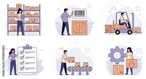 Six panels illustrating logistics tasks inventory scanning forklift operation checklist conveyor belt and processing
