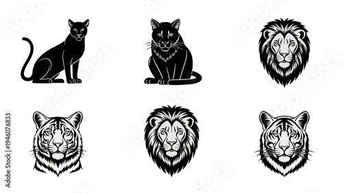 Collection of stylized black and white animal vector icons featuring big cats and lions