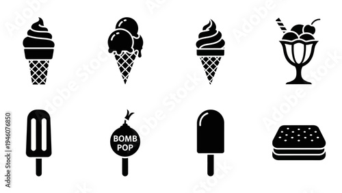 Collection of stylized black and white ice cream and frozen treat icons