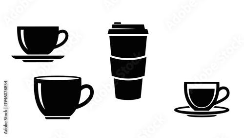 Collection of stylized black and white coffee cups and a to-go cup icon set