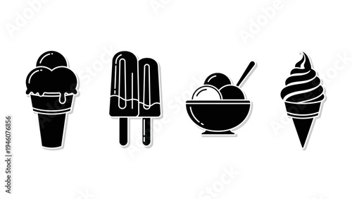 Collection of stylized black and white ice cream icons for a sweet treat design