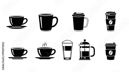 Collection of stylized black and white coffee cup and drink icons for beverage branding