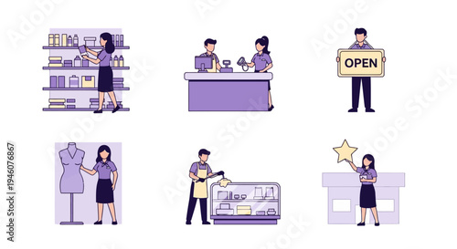 Six purpletoned illustrations depicting various retail and service job activities