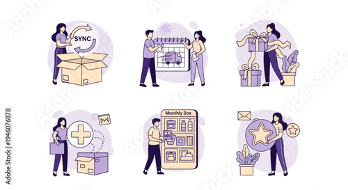 Six purple and tan illustrations showing subscription box processes like syncing and delivery