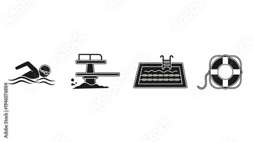 Collection of stylized black and white icons related to swimming and water safety