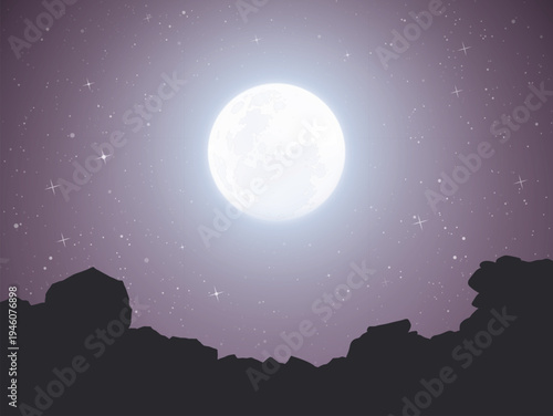 Landscape with rocky ground on moonlight night. Big moon in starry sky
