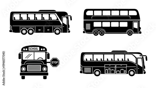 Collection of stylized black bus icons on a white background transportation themes