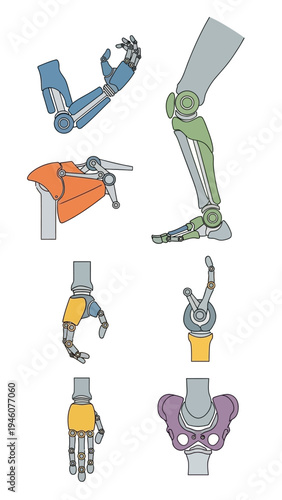 Detailed illustration of robotic prosthetic limbs and joints for human anatomy