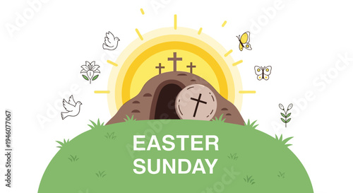 Easter Sunday Resurrection Tomb Sunrise Crosses Dove Butterfly Flower