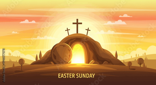 Easter Sunday Resurrection Tomb Sunrise with Three Crosses