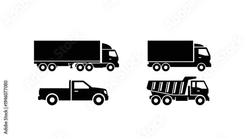 Collection of stylized black silhouette trucks and pickup truck on white background
