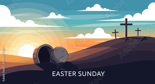 Easter Sunday Sunrise Resurrection Empty Tomb and Three Crosses on Golgotha Hill