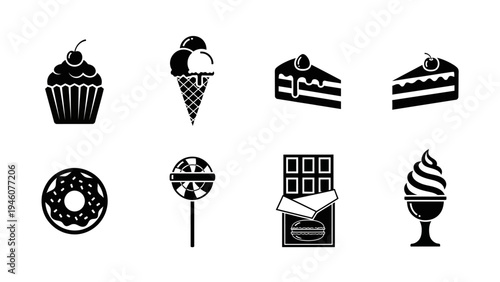 collection of sweet treats icons including cakes ice cream and chocolates in black and white