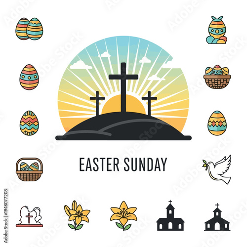 Easter Sunday Christian Holiday Scene with Crosses, Sunrise, and Symbols