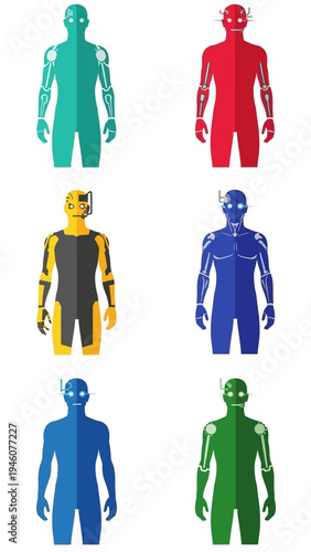 Diverse Robot Humanoid Figures in Various Colors Representing Technology and Future Innovation