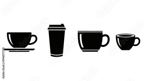 Collection of various black coffee cup icons on a white background perfect for design