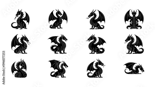Collection of twelve stylized black silhouette dragon icons with varied poses