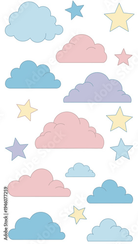 Dreamy pastel clouds and stars for a whimsical sky illustration