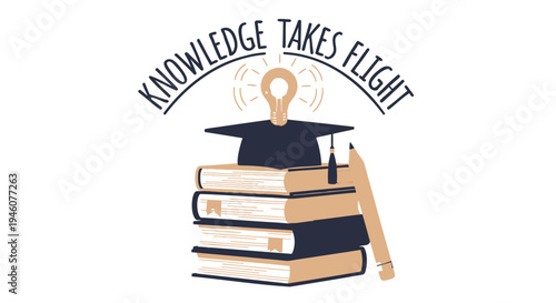 Vector illustration of graduation cap and books with 'Knowledge Takes Flight' text